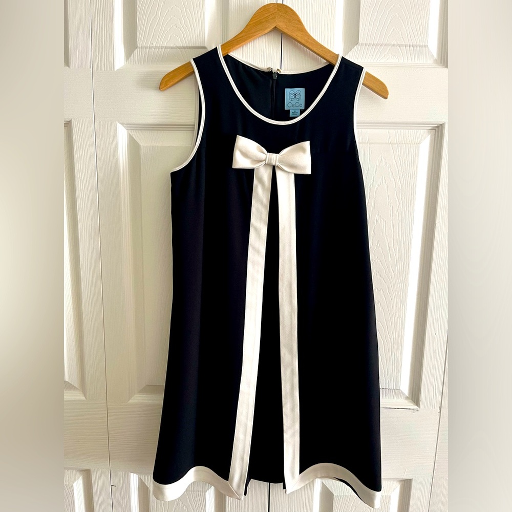 Cece black shift dress with white trim and bow detail
